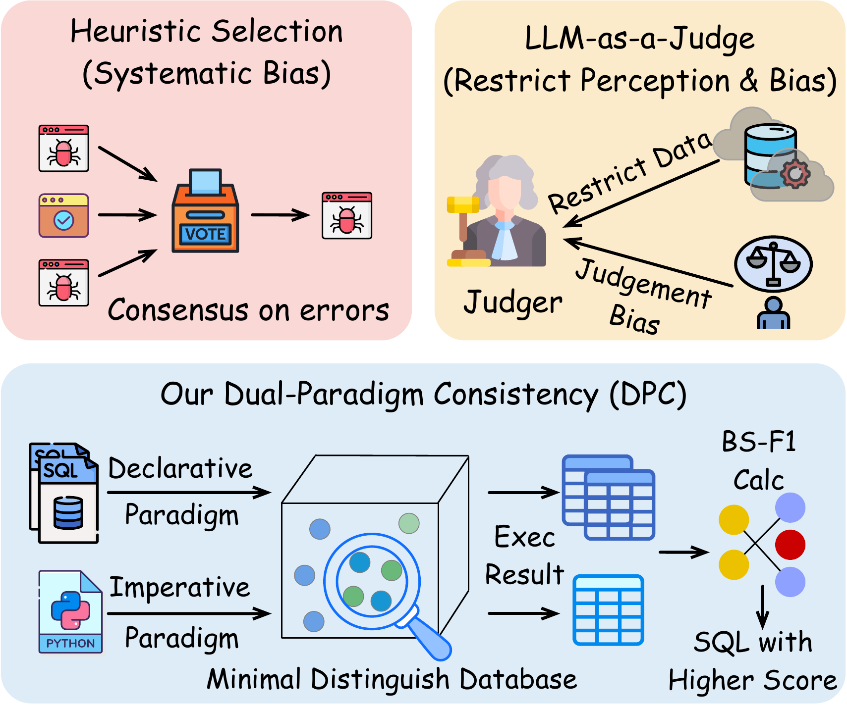 Comparison of heuristic selection, LLM-as-a-Judge, and DPC